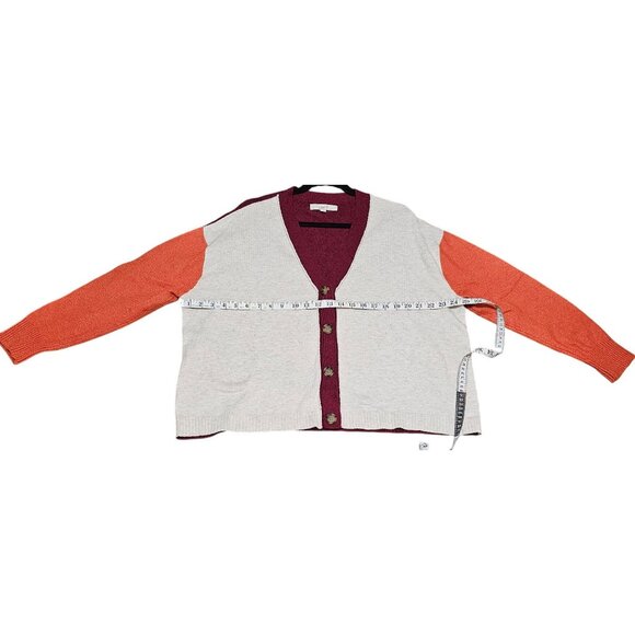 Loft Womens Colorblock Cardigan Sweater L Button Front Cotton Blend Burgundy/Ora - Picture 8 of 8